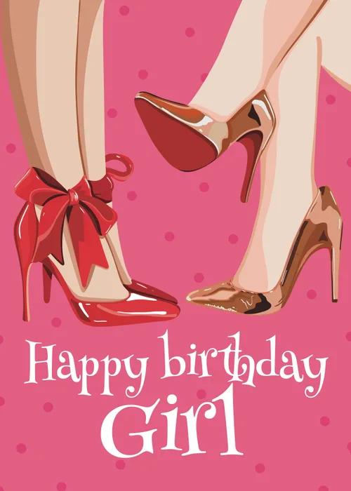 Illustrated red patent leather pump with a red ribbon ankle bow and a shiny gold stiletto high-heel shoe side by side on a bright pink background covered in darker pink polka dots, bold white serif text at the bottom reading Happy Birthday Girl
