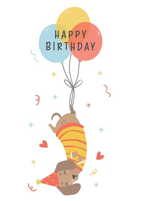 Birthday card with cute illustrated puppy holding colorful balloons and Happy Birthday text on a bright cheerful background