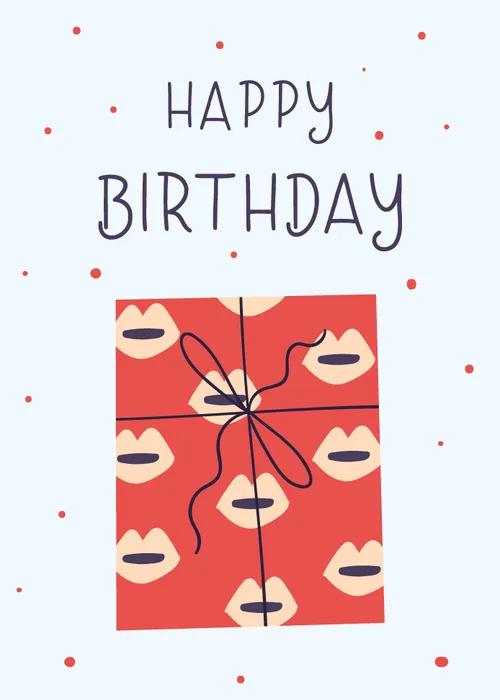 Birthday group card with a bold red illustrated gift box wrapped in a lip print pattern and tied with a black bow on a pale blue background with the text Happy Birthday