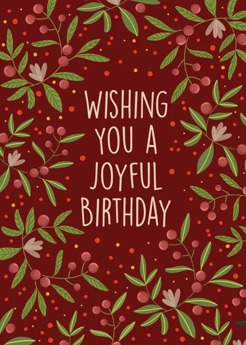 Botanical green leaves and red berries framing Wishing You a Joyful Birthday text on deep burgundy background animated