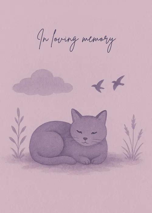 Pet sympathy card with soft dusty rose background featuring a monochrome watercolor illustration of a sleeping cat surrounded by delicate plant sprigs and grasses, two small birds in flight, a soft cloud, and elegant script reading In loving memory