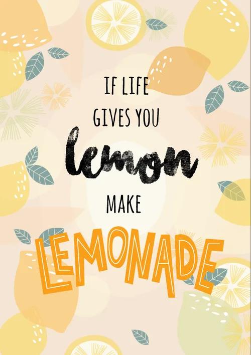 Encouragement sympathy card with bold illustrated lemon-themed design and uplifting text about making lemonade when life is hard in bright citrus yellow and green colors