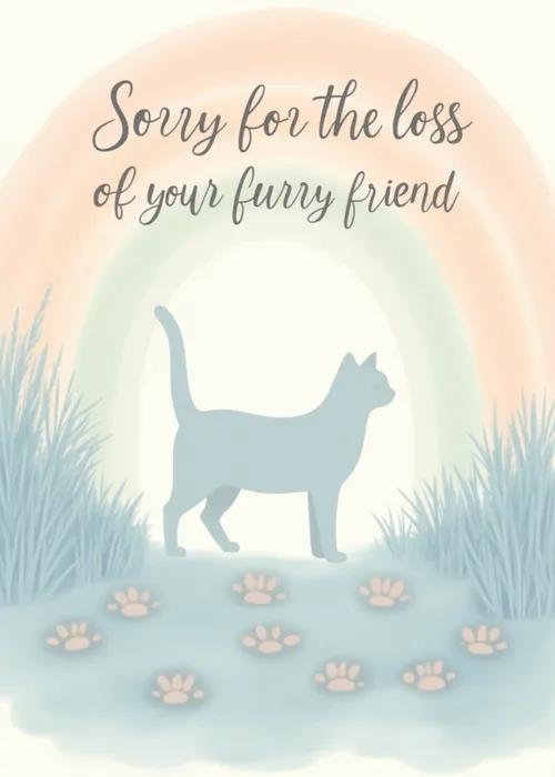 Soft watercolor illustration of a cat silhouette walking toward a rainbow arch with paw prints on the ground and text reading Sorry for the loss of your furry friend