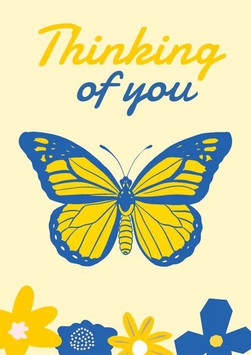 Large blue and yellow butterfly with flowers and thinking of you text