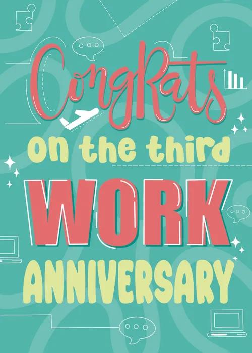 Illustrated work anniversary card with a bold number three and celebratory design in warm tones for a 3-year milestone