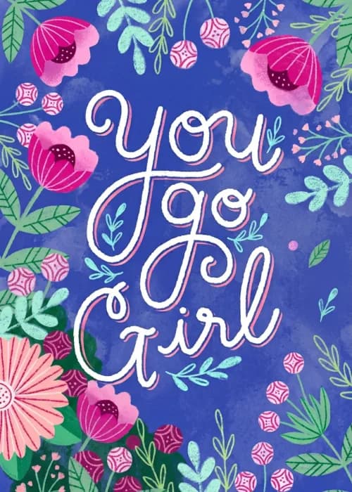 Congratulations card with white script lettering on cobalt blue framed by bright pink flowers