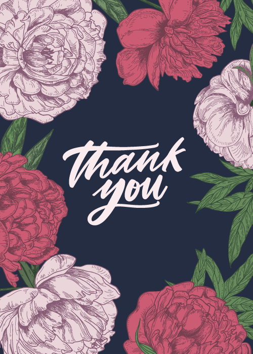Lush pink peonies on a navy background with thank you script