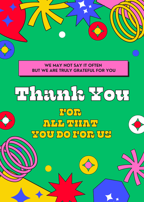 Bold retro thank you card with bright green background, colorful geometric shapes, and Thank You for All That You Do For Us in yellow text