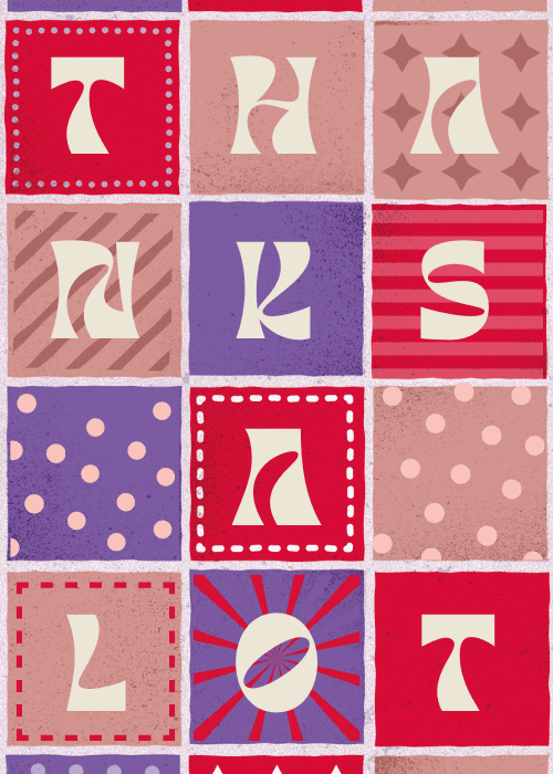 Bold multicolor retro thank you text on an orange background