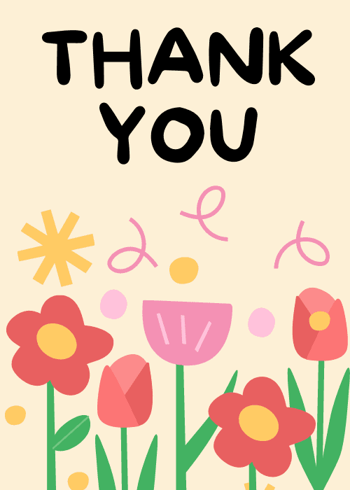 Cheerful colorful flowers with thank you text on a cream background