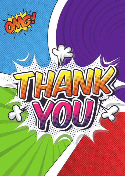 Pop art comic book panels in blue purple green and red with halftone dots and bold gradient yellow-to-pink Thank You starburst and OMG speech bubble