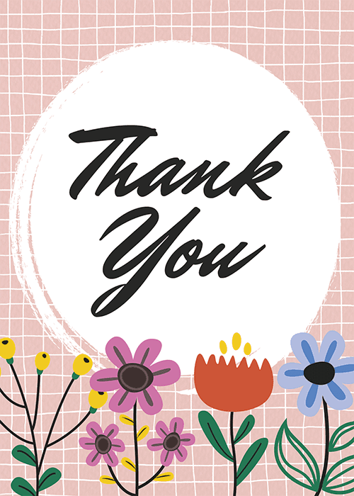 Stylized flowers with thank you text on a pink grid background
