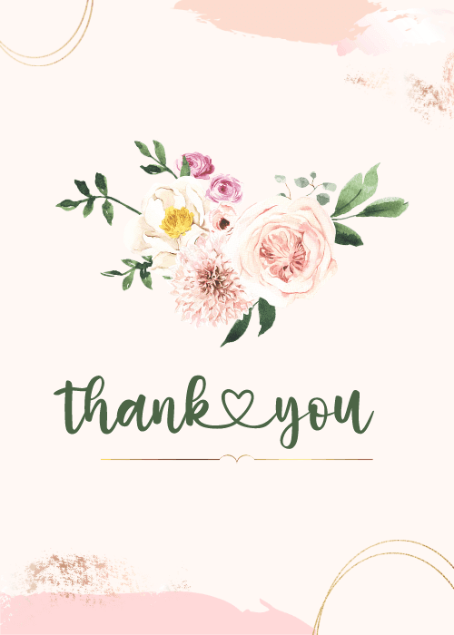 Watercolor pink roses with thank you heart script on a soft background