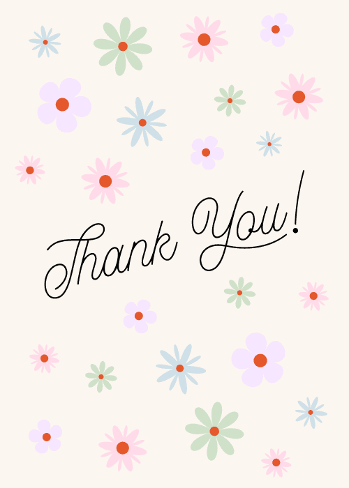 Ivory greeting card with scattered colorful pastel daisies and elegant cursive "Thank You!" script in the center