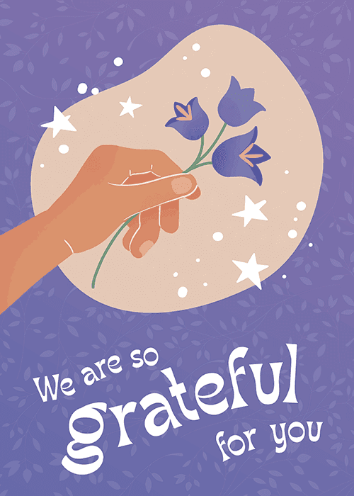 Hand holding blue flowers with grateful for you text on a purple background