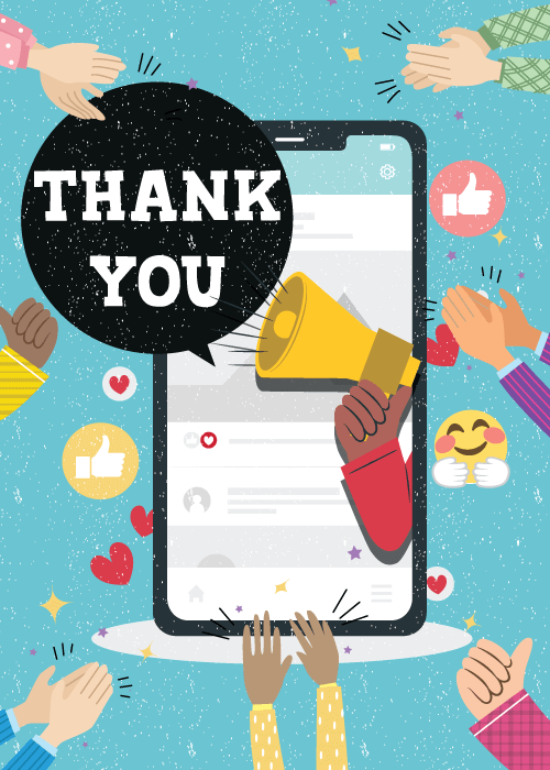 Illustrated smartphone with megaphone and clapping hands on teal background with emoji icons hearts and Thank You speech bubble