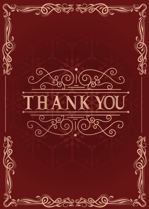 Deep burgundy card with ornate rose gold Victorian filigree scrollwork border and central ornamental frame surrounding bold serif THANK YOU text