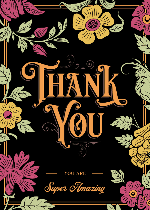 Thank you card with bold energetic typographic design reading You Are Super Amazing in large vibrant letters with celebratory illustrated elements and bright background