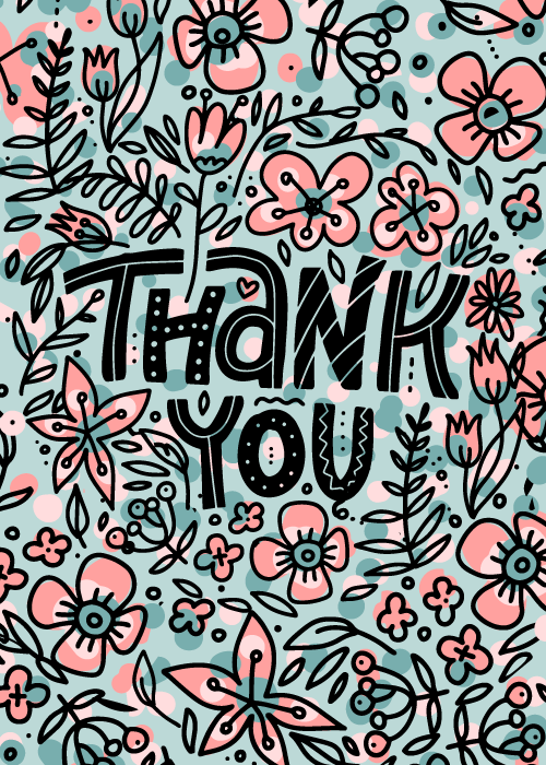 Thank you appreciation card with elegant illustrated floral design featuring lush botanical flowers and leaves with flowing script reading Thank You in a beautiful graceful composition