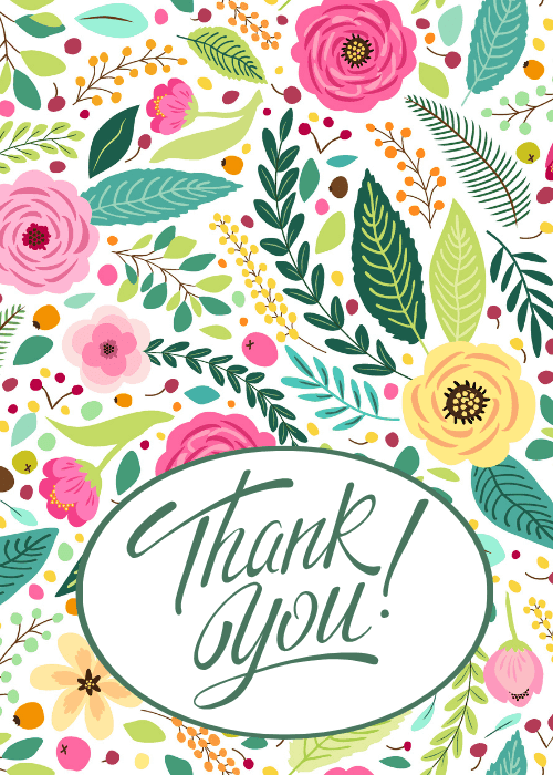 White greeting card completely covered in painted floral illustrations including pink peonies and yellow roses, with a green oval frame around cursive "Thank You!" text