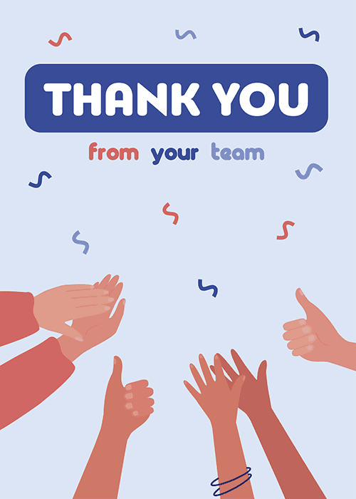 Clapping hands and thumbs-up with thank you from team text