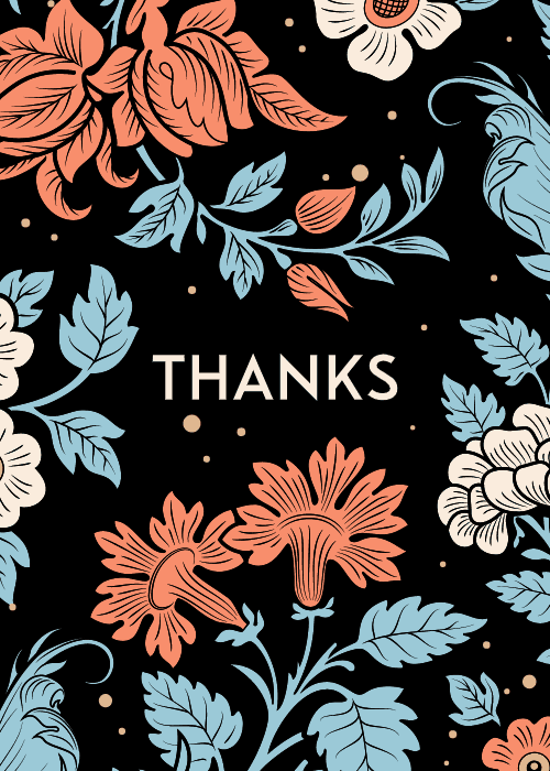 Bold colorful flowers on a black background with thanks text