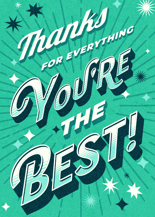 Bold retro thank you text on a teal sunburst background