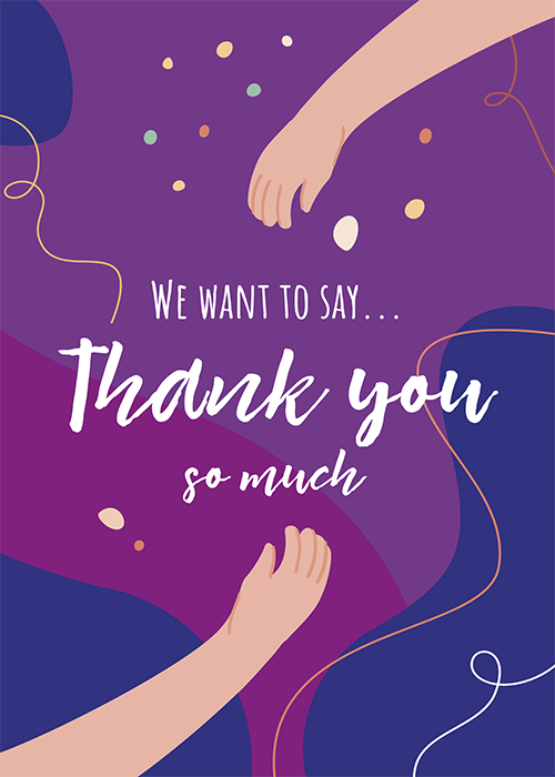 Abstract purple and magenta design with illustrated hands and confetti featuring Thank you so much script text