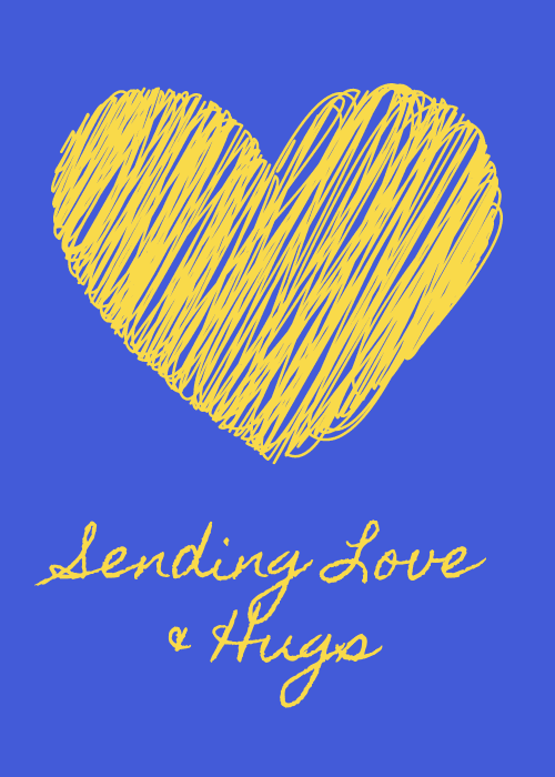 Large yellow heart with love and hugs text on a blue background