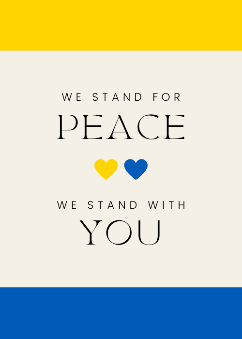 Blue and yellow hearts with stand for peace Ukraine text