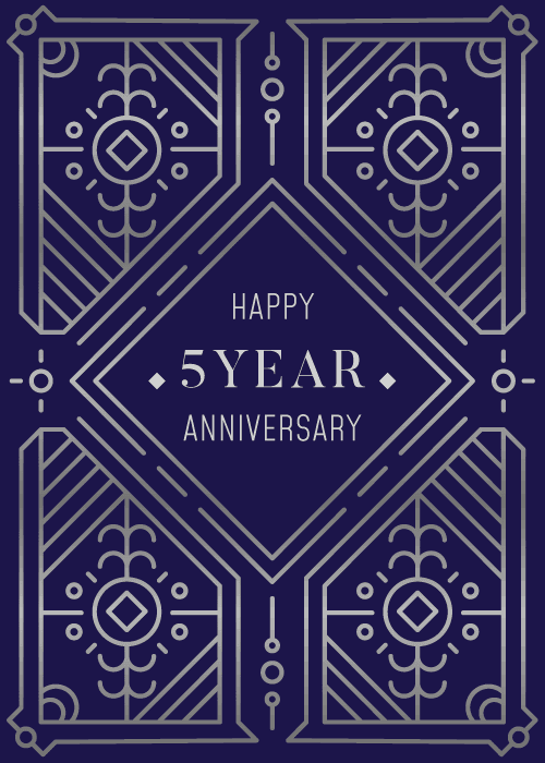 Deep navy blue card with silver Art Deco geometric line border surrounding a diamond frame containing the text HAPPY 5YEAR ANNIVERSARY