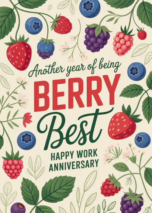 Illustrated work anniversary card reading Another Year of Being BERRY Best Happy Work Anniversary surrounded by a wreath of strawberries, blueberries, raspberries, and blackberries