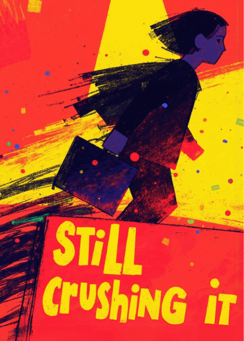 Bold red and yellow illustrated work anniversary card with a striding professional woman silhouette carrying a briefcase and yellow text Still Crushing It