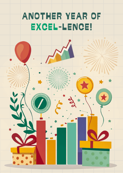 Colorful bar chart columns styled as gift boxes with balloons confetti medals and a rising line graph on a grid paper background, text reading Another Year of EXCEL-lence in bold green and teal lettering