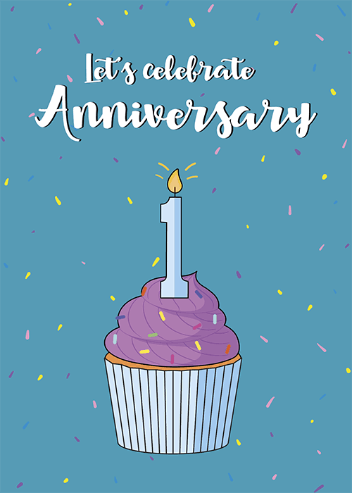 Work anniversary card on teal blue background with small colorful confetti shapes and large illustrated cupcake with white cup purple swirl frosting rainbow sprinkles and lit blue and white number 1 candle