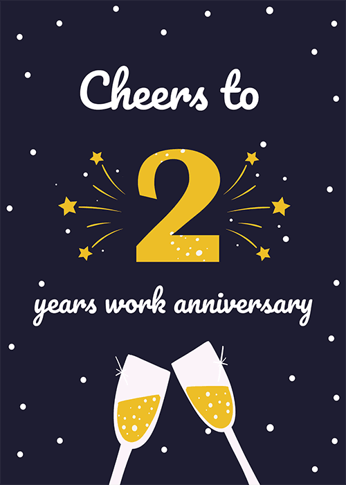 Work anniversary card on dark navy with white polka dots featuring a large gold number 2 with starburst rays and gold stars with the text Cheers to 2 years work anniversary and two champagne flutes clinking at the bottom