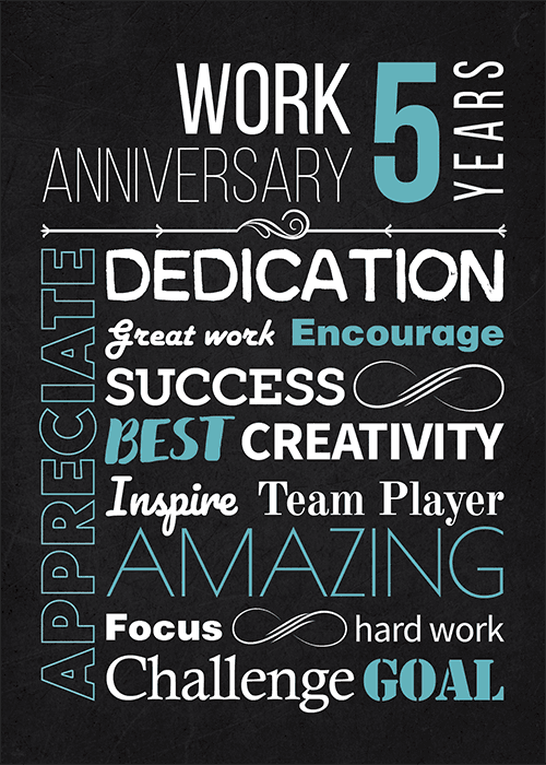 Dark chalkboard-style 5 year work anniversary card with white and teal typography word cloud featuring motivational words like Dedication and Success