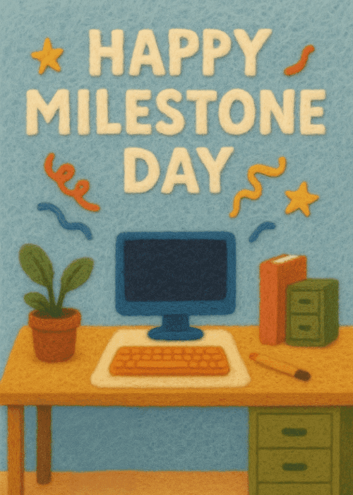 Retro illustrated office desk with a desktop computer, potted plant, and drawers on a warm teal background with confetti and leaf accents, text reading Happy Milestone Day in bold white and cream lettering