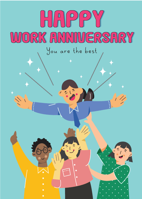 Illustrated diverse team of colleagues celebrating by lifting a coworker on a teal background with text Happy Work Anniversary