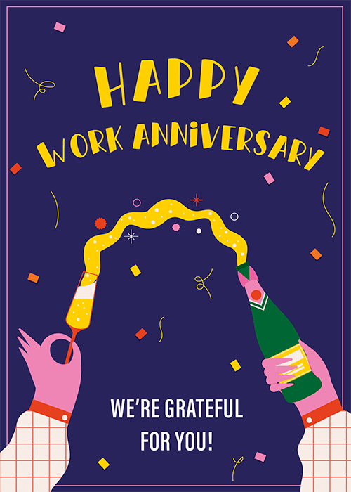 Happy work anniversary group card with warm illustrated celebratory design featuring balloons stars and festive elements marking the work anniversary milestone