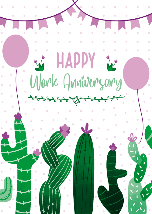 Illustrated smiling cactus character with colorful work anniversary text and desert-themed design elements