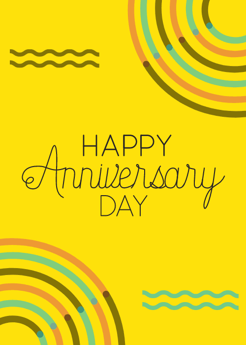 Yellow work anniversary card with retro-style colorful arc and circle designs in teal, terracotta, and brown in the corners, with mixed-font text reading "Happy Anniversary Day" in the center.