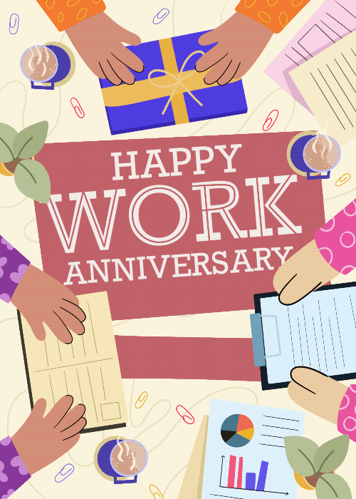 Animated top-down view of diverse hands around an office desk presenting a wrapped gift and holding notebooks with a Happy Work Anniversary banner