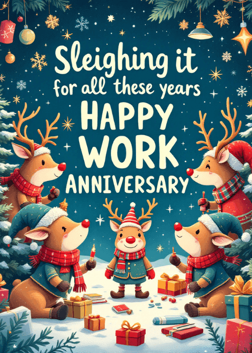 Reindeer in a sleigh with gifts for a work anniversary