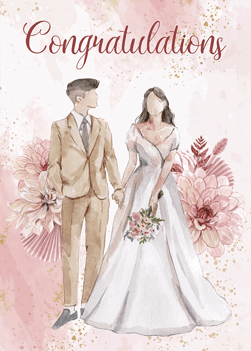 Wedding congratulations card with elegant illustrated floral design and graceful flowing script congratulating the couple on their wedding day with heartfelt warm wishes
