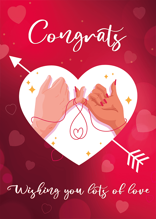 Group wedding card showing two intertwined hands with a red thread inside a white heart on a deep red background with the text Congrats and Wishing you lots of love