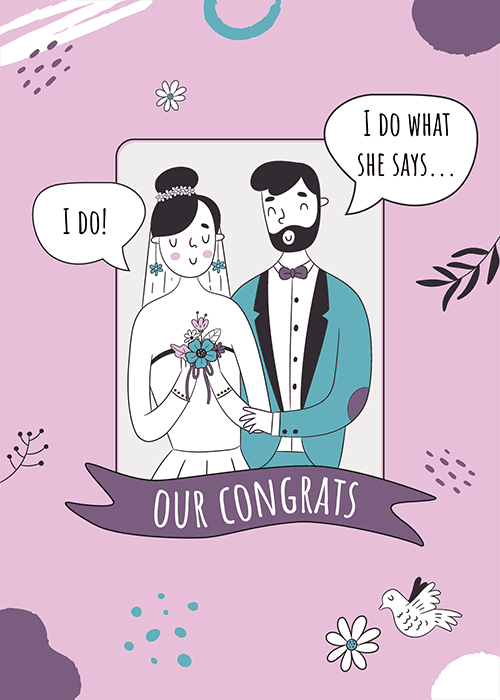 Funny wedding congratulations card with playful illustrated design featuring bold I Do typography and wedding-themed elements with a joyful light-hearted celebratory aesthetic