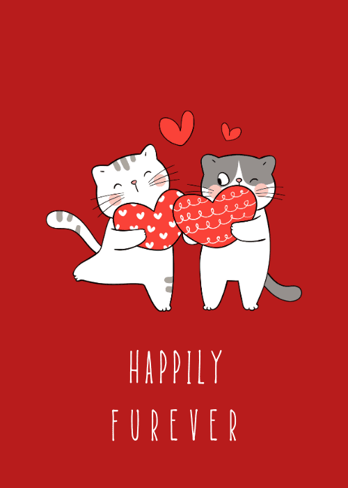 Funny wedding group card with two illustrated cats exchanging heart pillows on a red background with the text Happily Furever