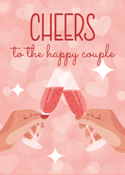 Wedding card with two hands toasting champagne flutes on a pink bokeh heart background with the text Cheers to the Happy Couple