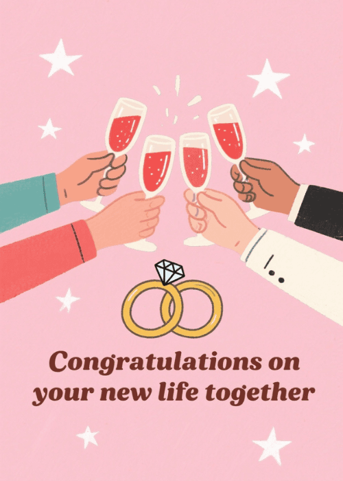 Three diverse hands raising champagne glasses in a toast above two gold wedding rings on a soft pink star-dotted background with text reading Congratulations on your new life together